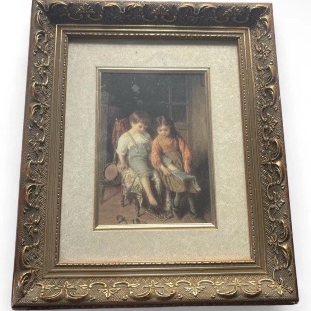 Victorian Framed Art Helping Hands Paul Seignac Print Gold Frame French 11x13